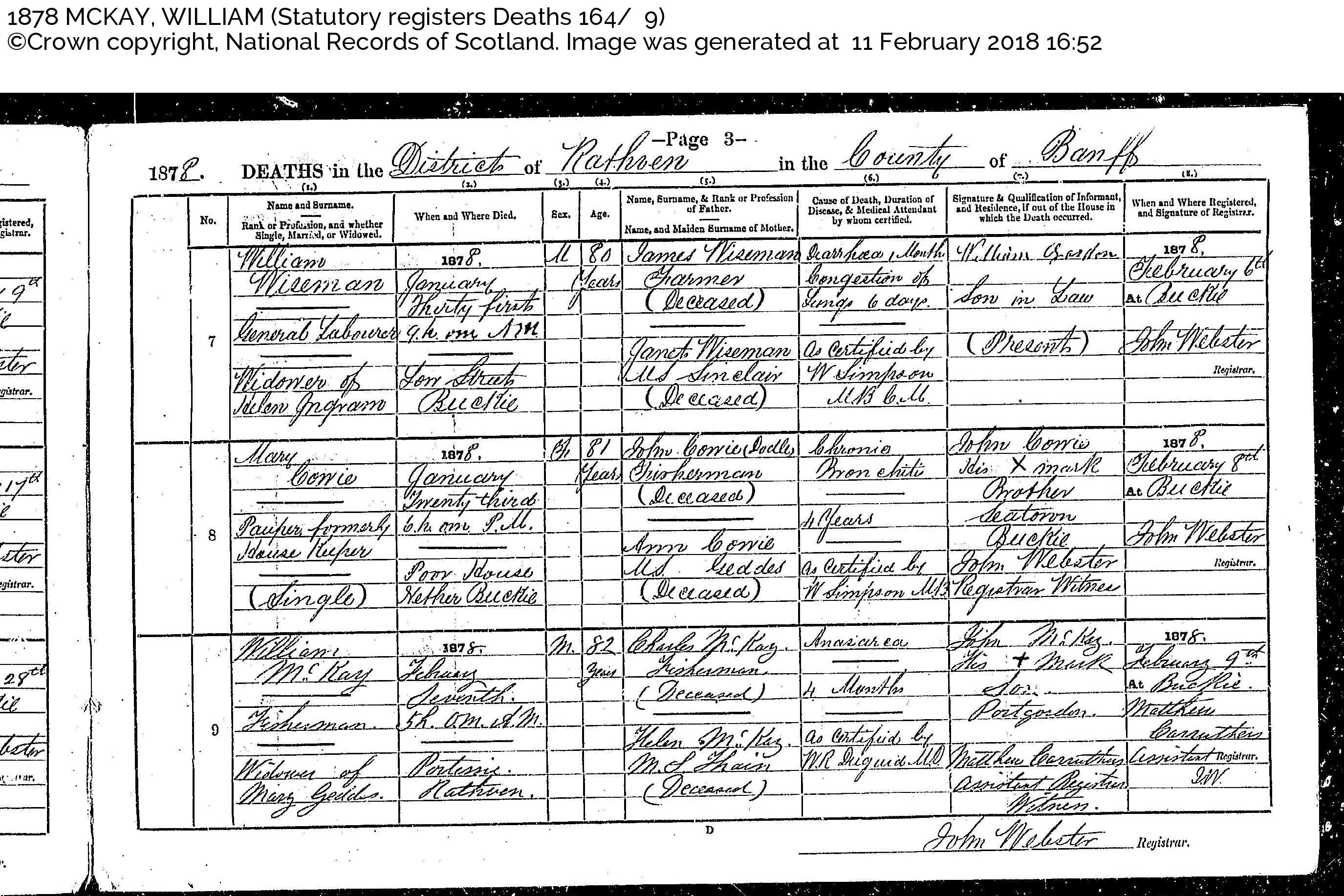 WilliamMcKay_D1878 Portessie, February 17, 1878, Linked To: <a href='i4098.html' >John McKay</a> and <a href='i4080.html' >Mary Geddes</a> and <a href='i295.html' >Helen Thain</a> and <a href='i259.html' >William McKay</a> and <a href='i197.html' >Charles McKay °</a>